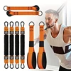 Home fitness equipment. A resistance band used for downward pressure and other exercises to shape your triceps, latissimus dorsi