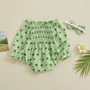 Newborn Girl St Patricks Day Bodysuits Outfit Long Sleeve Off shoulder Shamrock Print Romper with Hairband Baby Jumpsuits 3