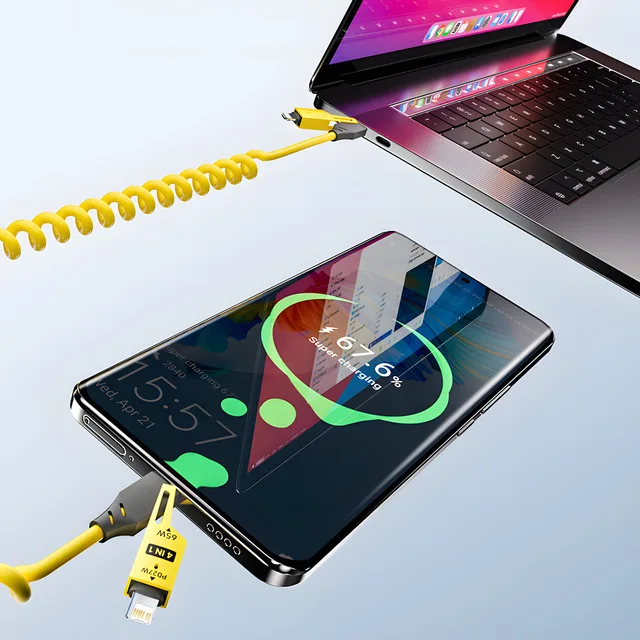 4 in 1 65W Spring Short Data Cable 6A USB Type C Spring Telescopic Quick Charger Wire Spring USB Cable for iPhone 15 14 13 12 5
