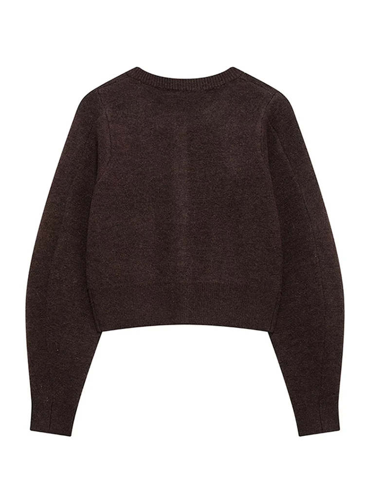 Elegant Brown Skirt Suits Knitted O-Neck Long Sleeve Metal Button Cardigan High Waist A-line Mini Skirts 2025 Spring Lady Outfit