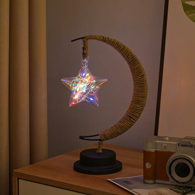 

Moon Lamp Rattan Handmade LED Hemp Rope Wrought Iron Night Light Romantic Holiday Home Decoration Seeping Lantern Lamps Ornament