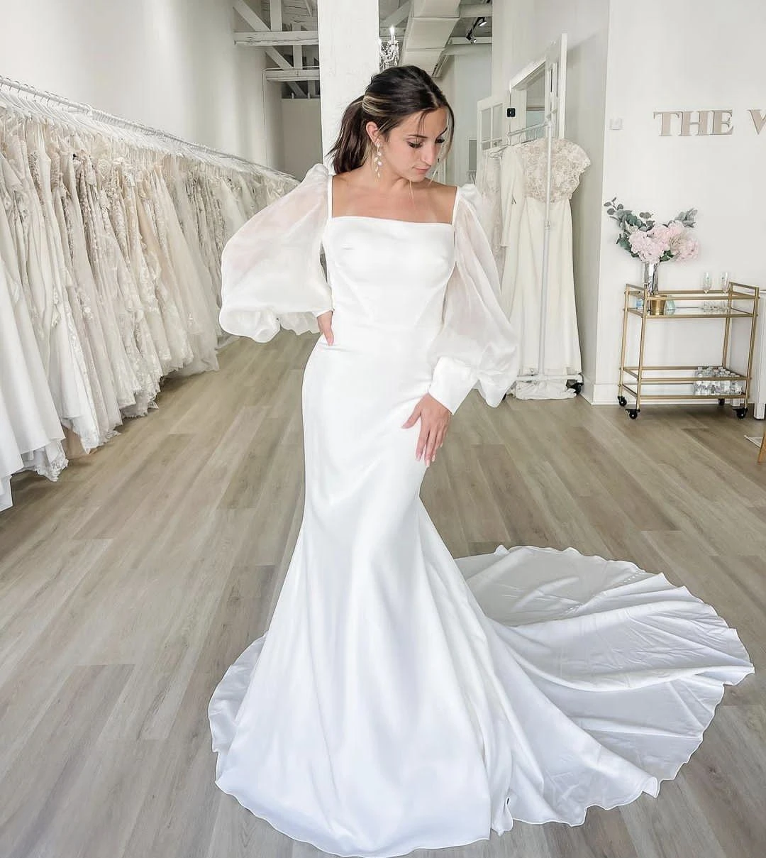 

Потрясающее Свадебное платье с длинными рукавами-фонариками и квадратным воротником, женское платье на заказ