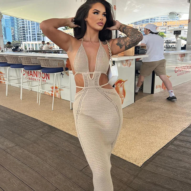 

Women Halter Tie-up Knit Crochet Beach Dress Sexy Backless Sleeveless Deep V Cutout Waist Wrapped Bodycon Dress Clubwear