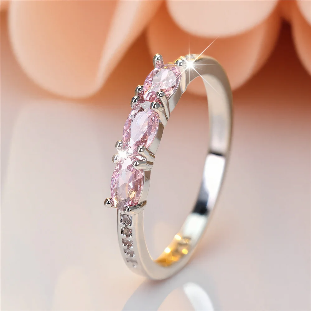 Female Cute Pink Zircon Stone Ring Vintage Silver Color Wedding Jewelry Promise Engagement Rings For Women