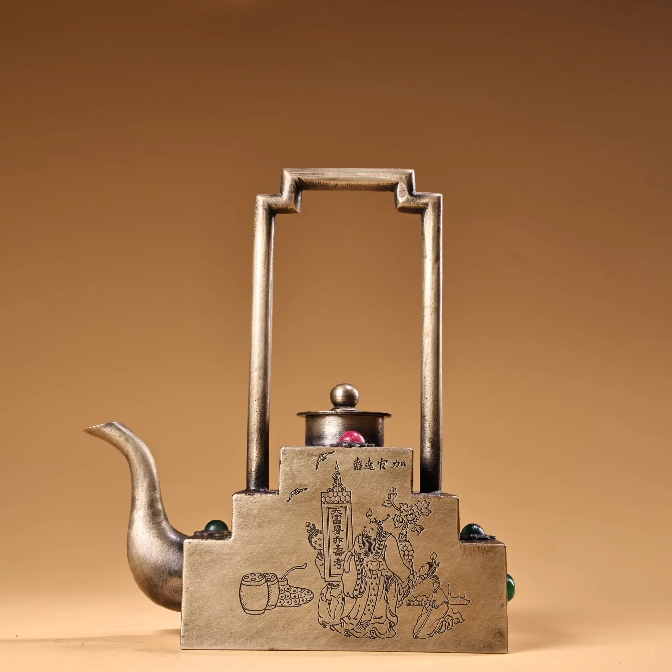 

6"Tibetan Temple Collection Old Bronze Mosaic Gem rise in the official world Pot Teapot Kettle Amass wealth Ornaments