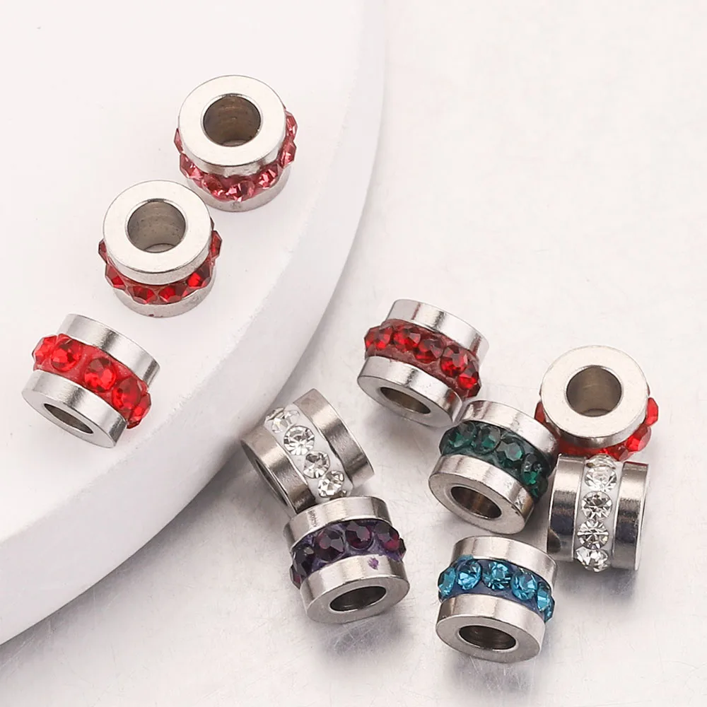 10pcs 6mm 구멍 3mm 지르콘 팔찌 비즈 스테인레스 스틸 매력 느슨한 스페이서 구슬 DIY 팔찌 쥬얼리 액세서리 만들기