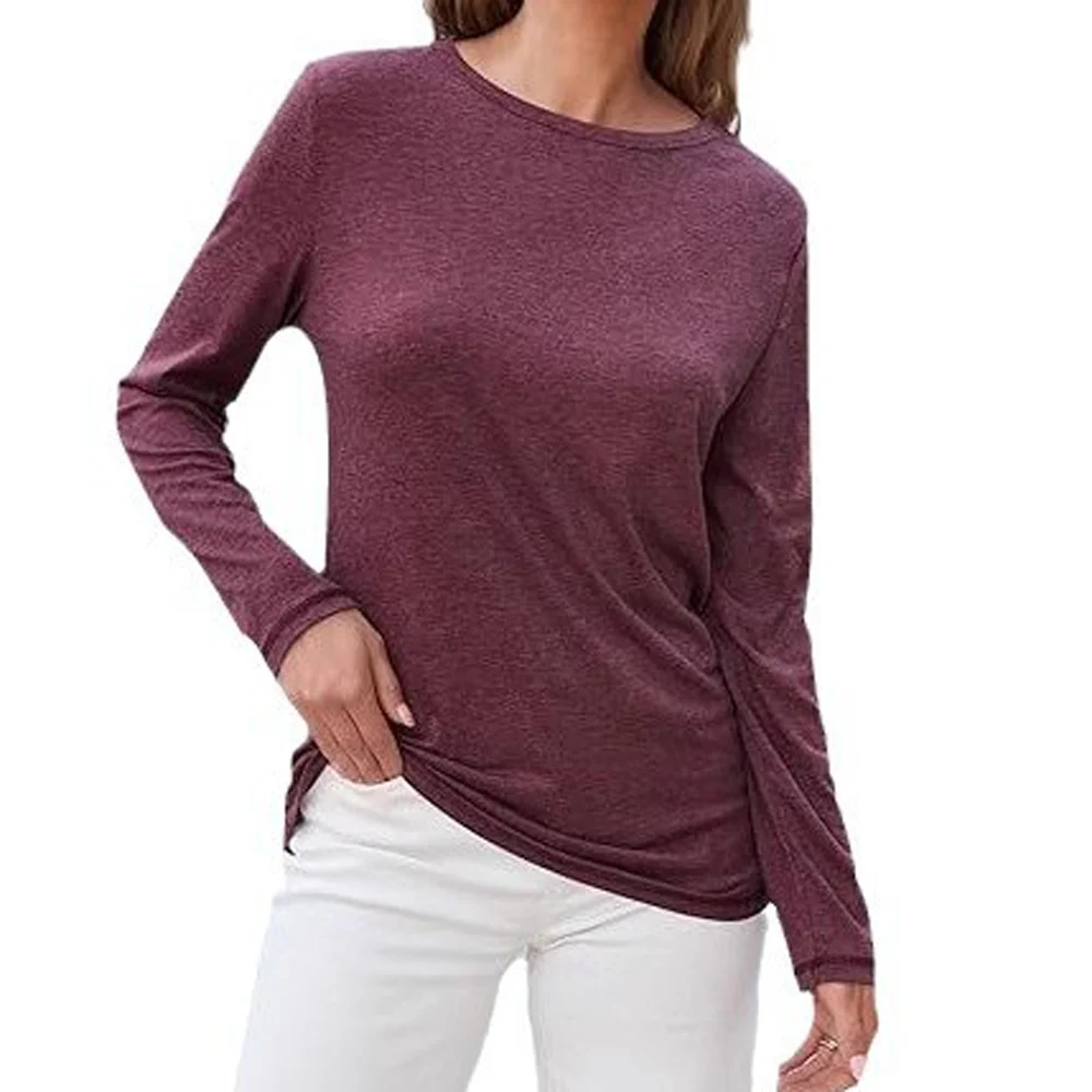 Women Solid Color Long Sleeve T Shirts Autumn Round Collar