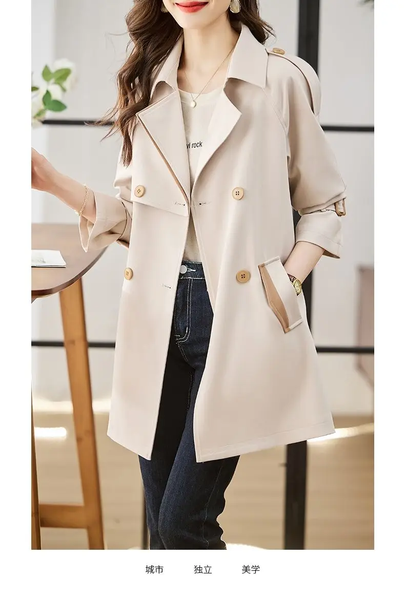 Solid Mid length Trench for Women Fall Winter 2023 New Vintage Turn Down Collar Long Sleeve Jacket Loose Double Breasted Coat