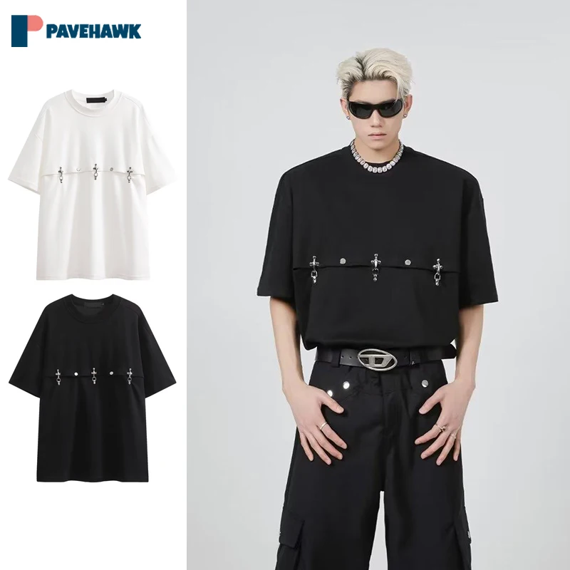 

Корейский стиль, летние свободные однотонные дизайнерские футболки с металлической пряжкой, Мужская футболка большого размера с коротким рукавом, Новинка