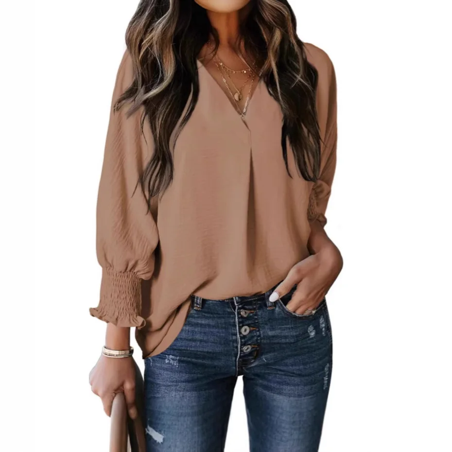Women Solid Color V Neck Blouse Shirt Summer Workwear