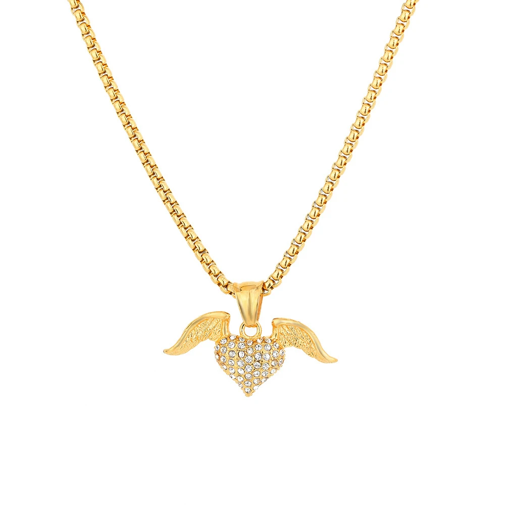 

Hip Hop Iced Out Bling Crown Wings Heart Pendant Dropshipping Female Gold Color Stainless Steel Necklace For Women Jewelry Gift