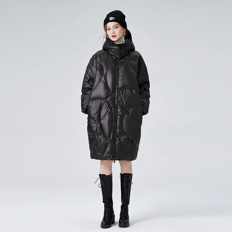 White Duck Down Loose Hooded Women Top Medium Length Down Jacket Autumn and Winter Black Glossy Surface Thickened