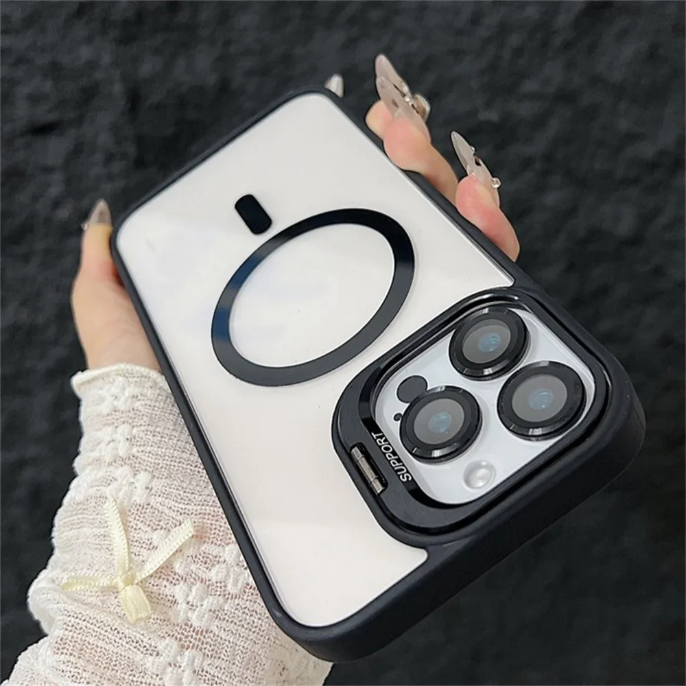 Luxury Magnetic Shockproof Phone Case with Stand and Glass Lens Protector Cover
