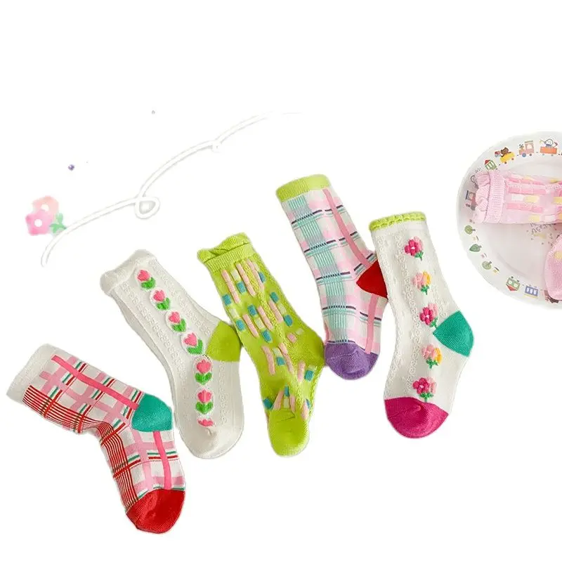 

1-8Year 3 Pairs 2023 spring new candy flowers in tube socks lace cotton cute girls socks