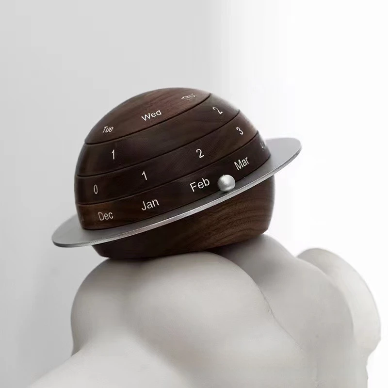 Creative wooden calendar, earth shaped rotatable calendar decoration ornament, perpetual calendar stand, table