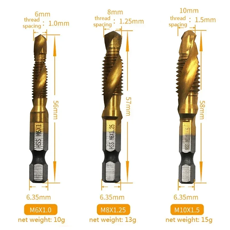 Hex Shank Titanium Plated HSS Screw Thread Metric Tap Drill Bits Screw Machine Compound Tap M3 M4 M5 M6 M8 M10 Hand Tools