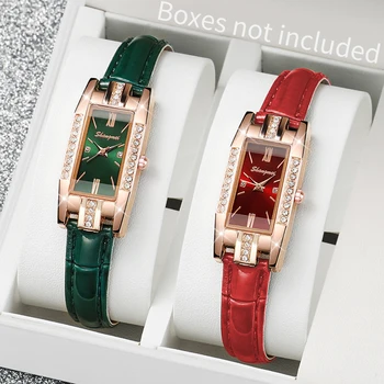 2 unidades/conjunto relógios femininos moda retângulo pulseira de couro relógio de quartzo (sem caixa) 1