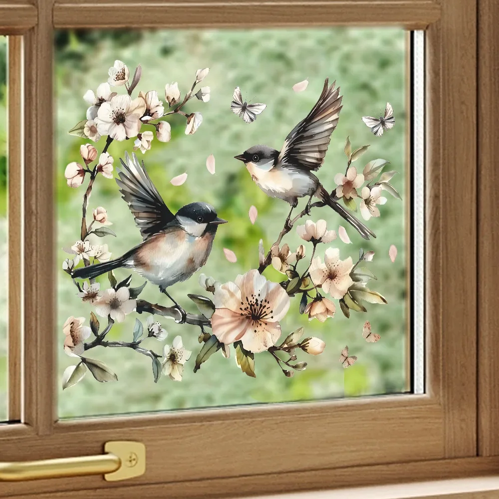 Window Stickers Watercolor Flower Twig Bird Glass Window Home Landscaping Decoration Electrostatic Uv Window Sticker Mirror Sticker 1PCS