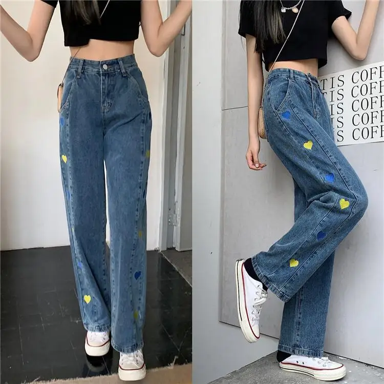 

Vintage High Waist Women Jeans Korean Fashion Streetwear Wide Leg Jean Female Denim Trouser Woman Embroidered Heart Denim Pants
