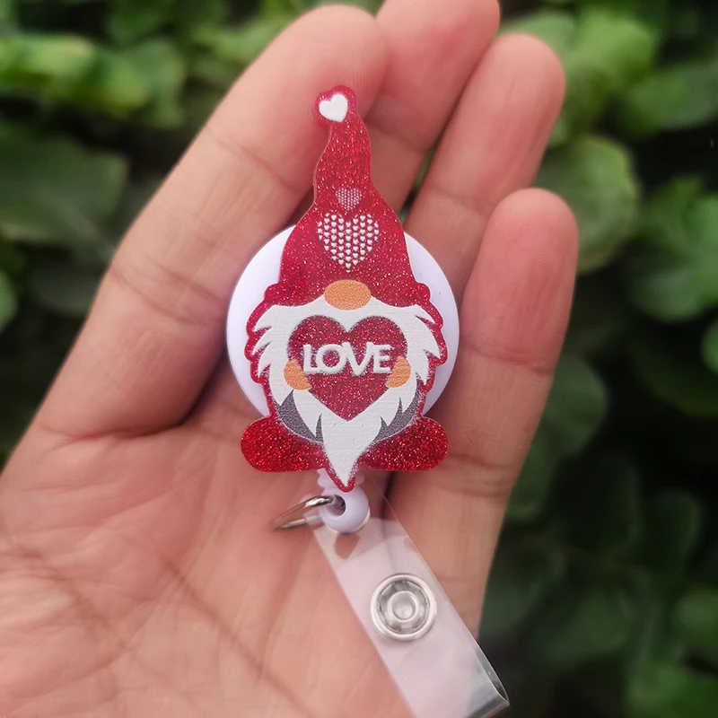 New Glitter Acrylic Valentine's Day Gnome Love Heart Badge Reel