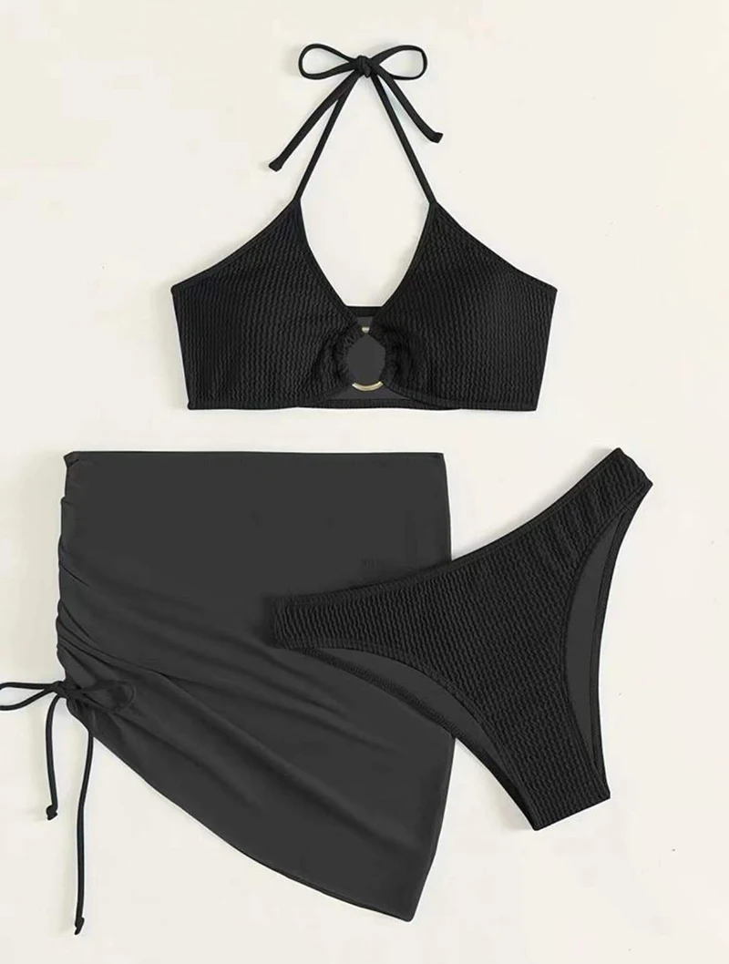 Solid Ribbed Halter Bikini Set with Skirt 3 Piece Swimwear Women Swimsuit 2022 Summer New Bathing Suit bandeau bikini set