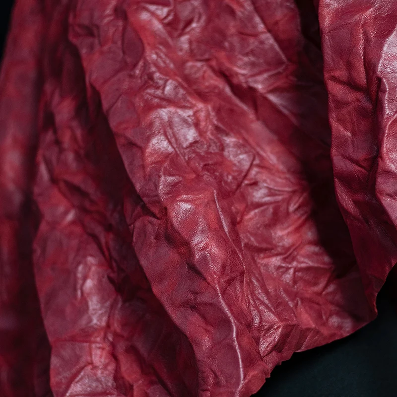 Red PU Leather Pleated Vintage Fabric Creative Clothing Designer Sewing Fabric by the Meter