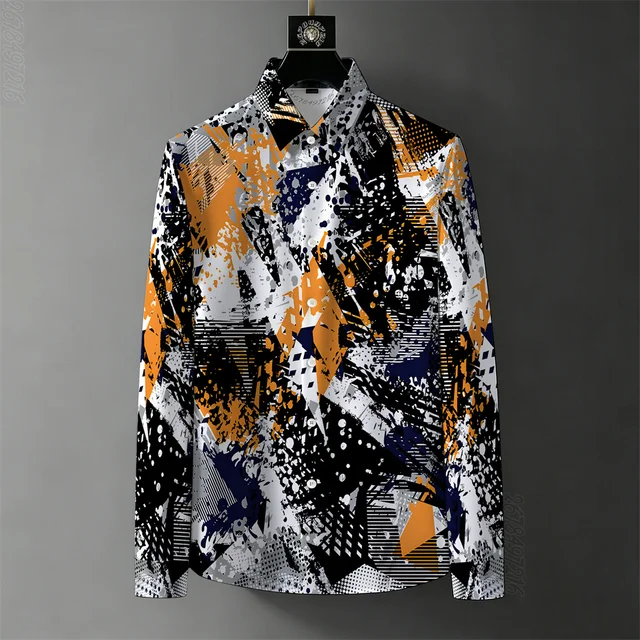 Nouvelle chemise tendance pour homme printemps/automne avec imprimé graffiti abstrait, infroissable, style mature, décontracté chic, polyvalente 1
