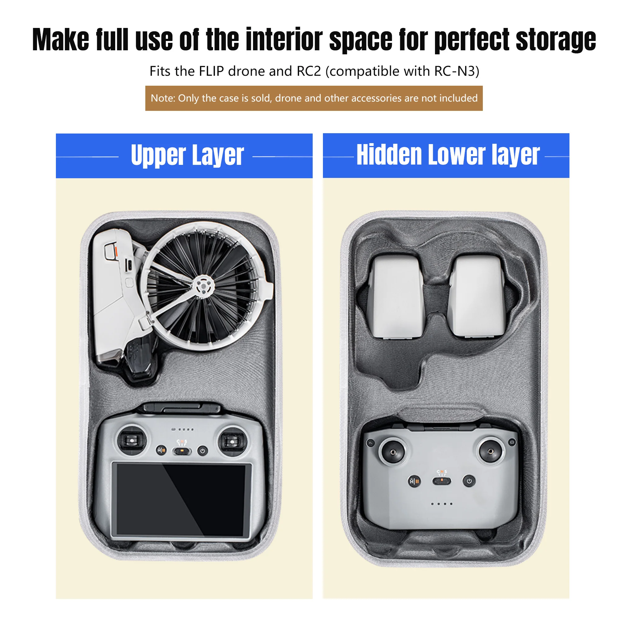 Intérieur de l'étui avec mousse découpée pour accueillir le drone DJI Flip, télécommande et accessoires, rangement optimisé.