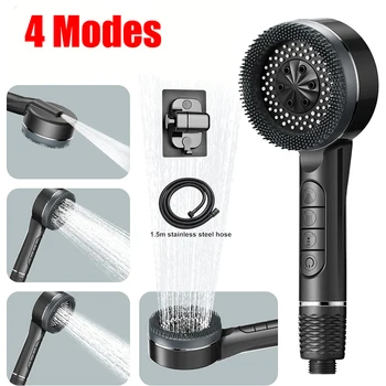 Pommeau de douche autonettoyant, 4 Modes, avec brosse en Silicone, arrêt à une touche, Massage de l'eau, pomme de douche ABS haute pression avec filtre 1