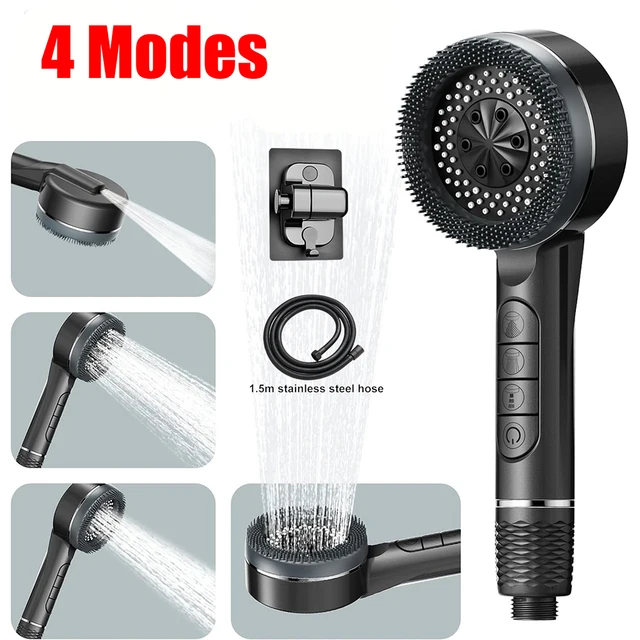 Pommeau de douche autonettoyant, 4 Modes, avec brosse en Silicone, arrêt à une touche, Massage de l'eau, pomme de douche ABS haute pression avec filtre 1
