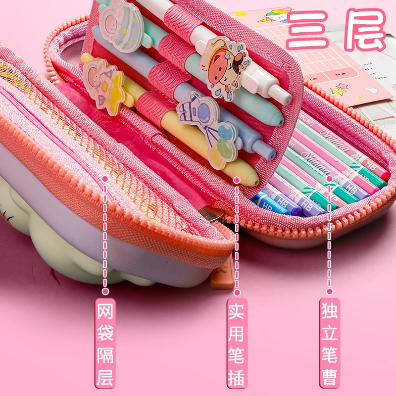 Adorable 3D Pencil Case Stationery Organizer School Supplies for Girls EVA Pink Pen Pouch Holder Kawaii Eraser Bag Squishy Cat