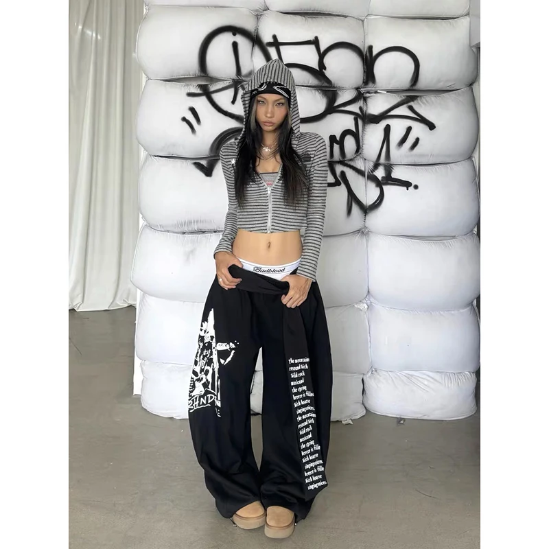 ZHIZOU Women's Gray Baggy Letter Print Sweatpants Oversize Dance