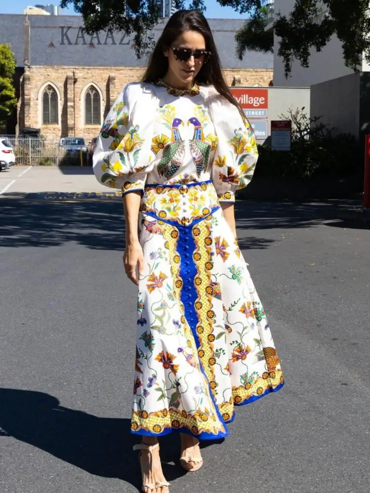 

KAAAZI Fashion A-line Long Skirt Vintage Printed Graphic Big Hem Skirt Short Sleeve Top Casual Elegant Puff Sleeve Pullover