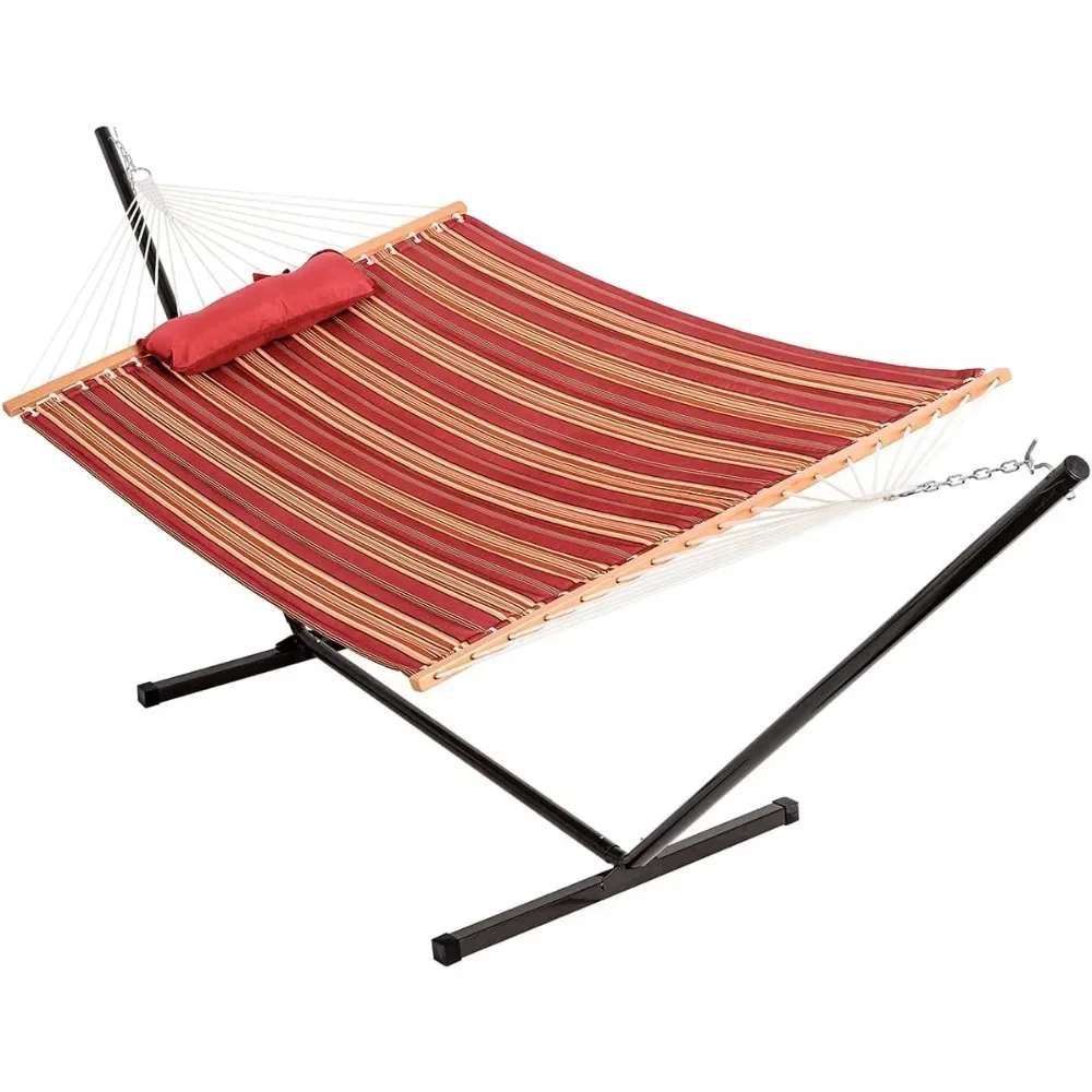 Quilted Fabric Hammock with 12-Foot Stand, Double 2-Person Hammock with Pillow for Outdoor Outside Patio, Garden, 450LB Capacity