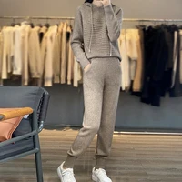 Autumn/Winter New Women's Suit 100% Merino Wool Hooded Pullover Tops Casual Sweatpants Small Leg Pants Knitted Two-Piece Set 1