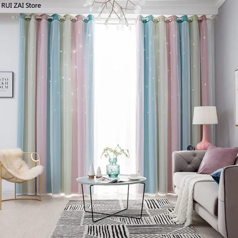 아이 할로우 아웃 스타 윈도우 트리트먼트 보육 커튼, 드레이프 룸, 어두운 그로밋 탑, 여아 침실용 2 레이어 커튼, 1 개 