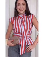 Chemisier Femme 2026 Nouvelle Collection Printemps-Été – Chemise Rayée Sans Manches à Nœud Papillon pour Femme, Style Décontracté et Chic, Personnalité Féminine 3