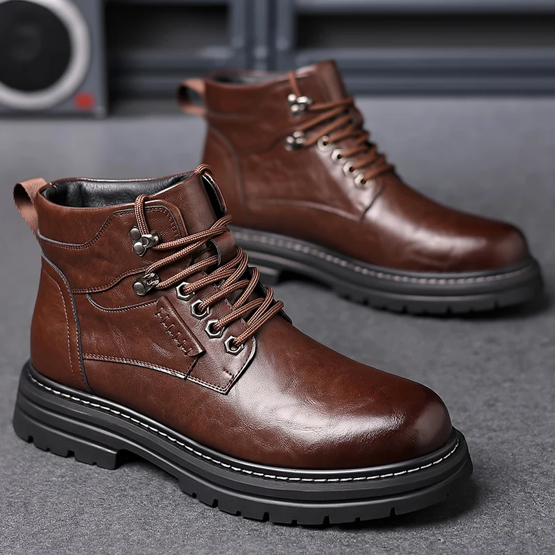 Men Winter High Top Shoes Thick Soled Wear-resistant Workwear Motorcycle Boots