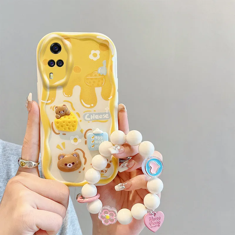

Wavy Edge Cute Creamy Cartoon Animals Phone Case For Vivo Y31 2021 4G Y51 2020 Y51a Y53s 4G Hand Strap Bracelet Case Cover