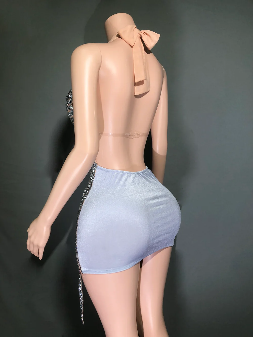 Rhinestones Dress Sparkly Evening Prom Birthday Sexy Halter Backless Mesh Velvet Short Performance Stage Wear
