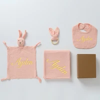 4pcs/Set Personalized Name Muslin Cotton Baby Blanket + Baby Comforter Towels +Baby Teether +Baby Bibs Newborn Gift Sets 1