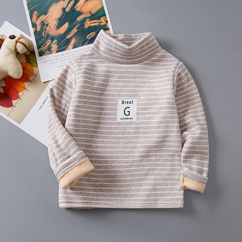 thumbnail image 1 of Camisa básica gruesa a rayas para niños, Top de cuello alto, camiseta de manga larga con cuello medio alto de una sola pieza para niños y niñas, 1 of 4