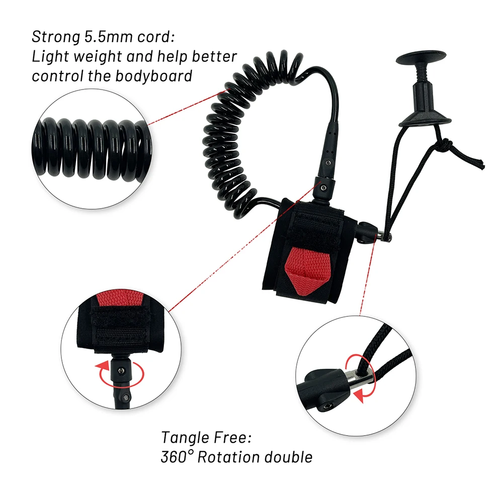 5.5MM Thick Body Surfing Leash by Upsurf-5ft Black Coiled Safety Strap for Swim & Board Sports