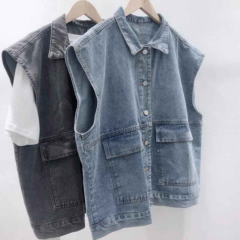 

Retro BF Style Denim Jacket Vest Waistcoat Women Sleeveless Casual Japanese Versatile Clothes Outwear Denim Cargo Tops 2024