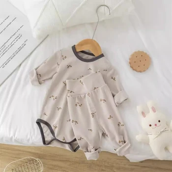 AYNIGIELL ملابس منزلية للربيع والخريف للأطفال من القطن بأكمام طويلة + سراويل طويلة طقم مكون من قطعتين طقم ملابس للأطفال من عمر 0 إلى 18 شهرًا 4