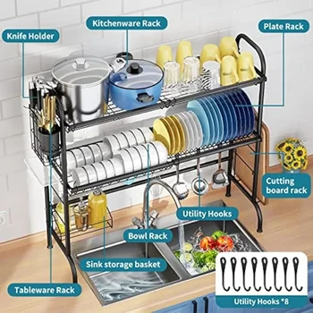 HOWDIA Over The Sink Dish Drying Rack, 2-Tier Stainless Steel Large Over The Sink Dish Rack with Utensil 1