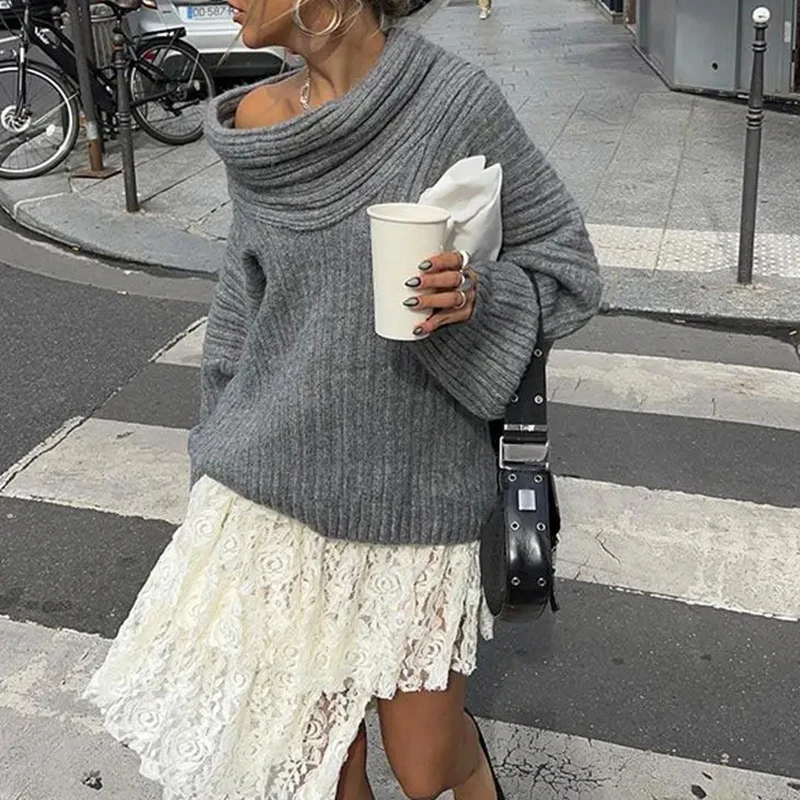 

One-shoulder Solid Color Loose Warm Sweater Autumn And Winter New Off-shoulder Casual Basic Hot Girl Woolen Pullover