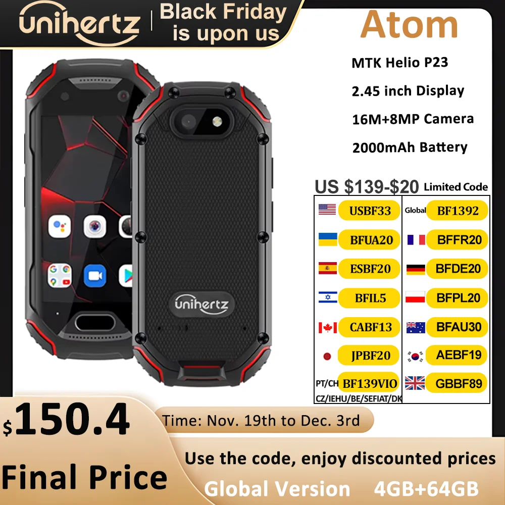 In Stock Unihertz ATOM World's Mini Rugged Smartphone 4GB 64GB Android 9 Octa Core 2.45 inch Unlocked Cellphone 2000mAh NFC