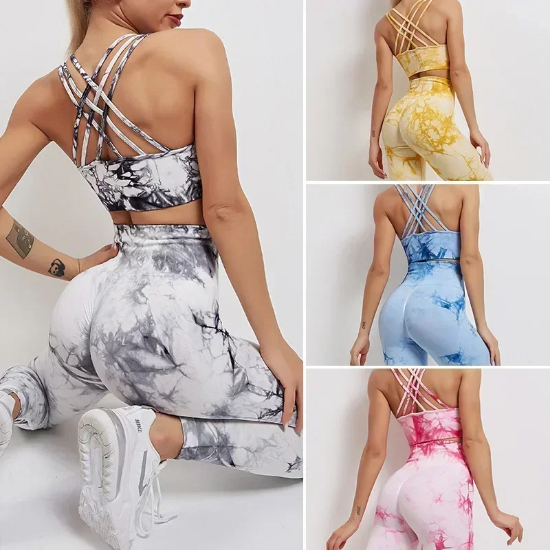 Seamless Tie-Dyed Yoga Sets Sports Fitness High Waist Hip Raise Pants Cutout Bra Suit Workout Clothes Gym Leggings Set For Women yoga set sports set gym workout set sportswear set fitness set sports bra set yoga pants set