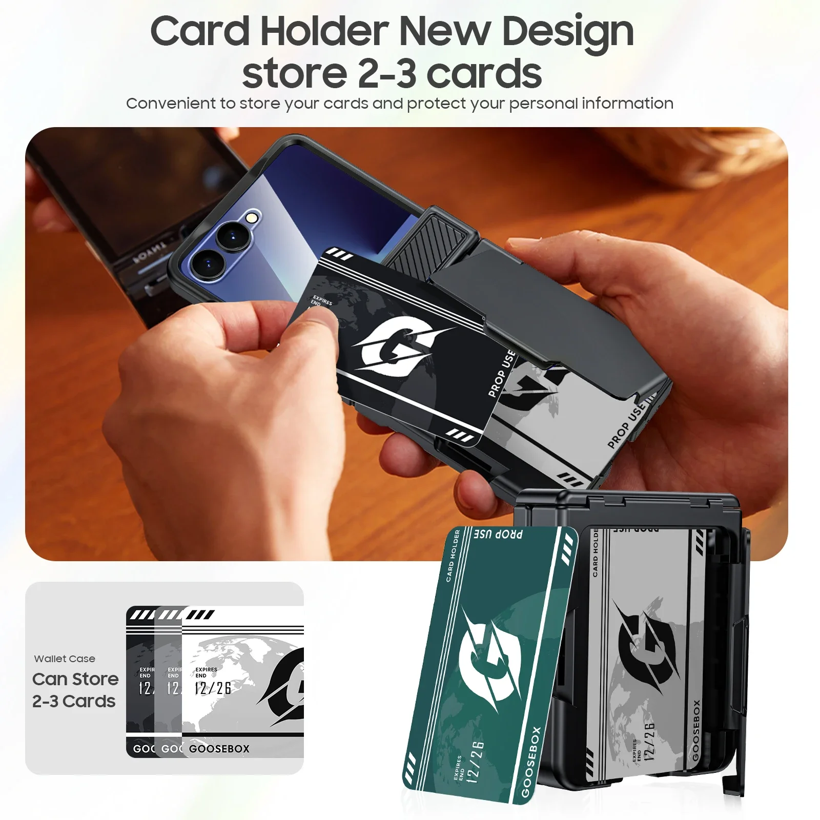 Elegant Card Holder Wallet with Built-In Screen Protector and Shockproof Rugged Case - Black